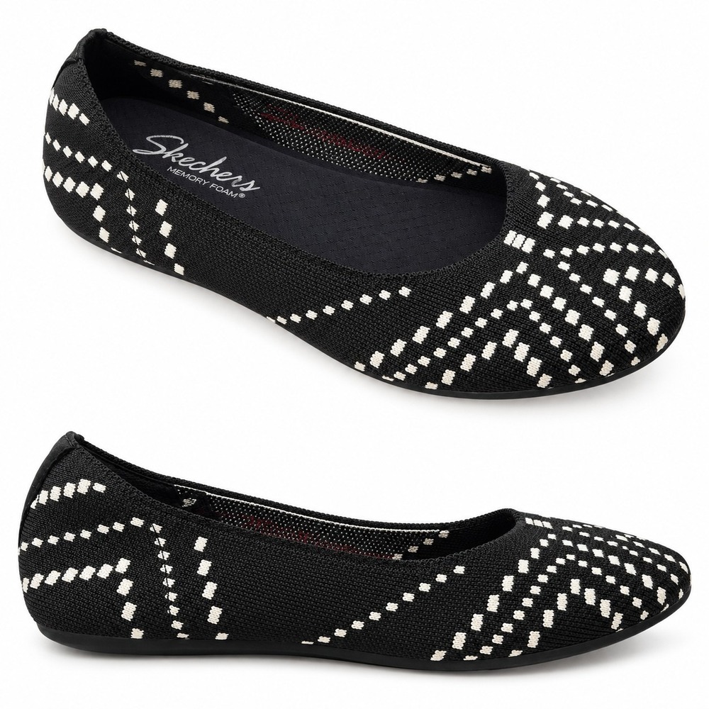 SKECHERS Cleo 2.0 Be Amazed Stretch Fit Skimmer Ballet Flat Sz 9 Black Ivory ***